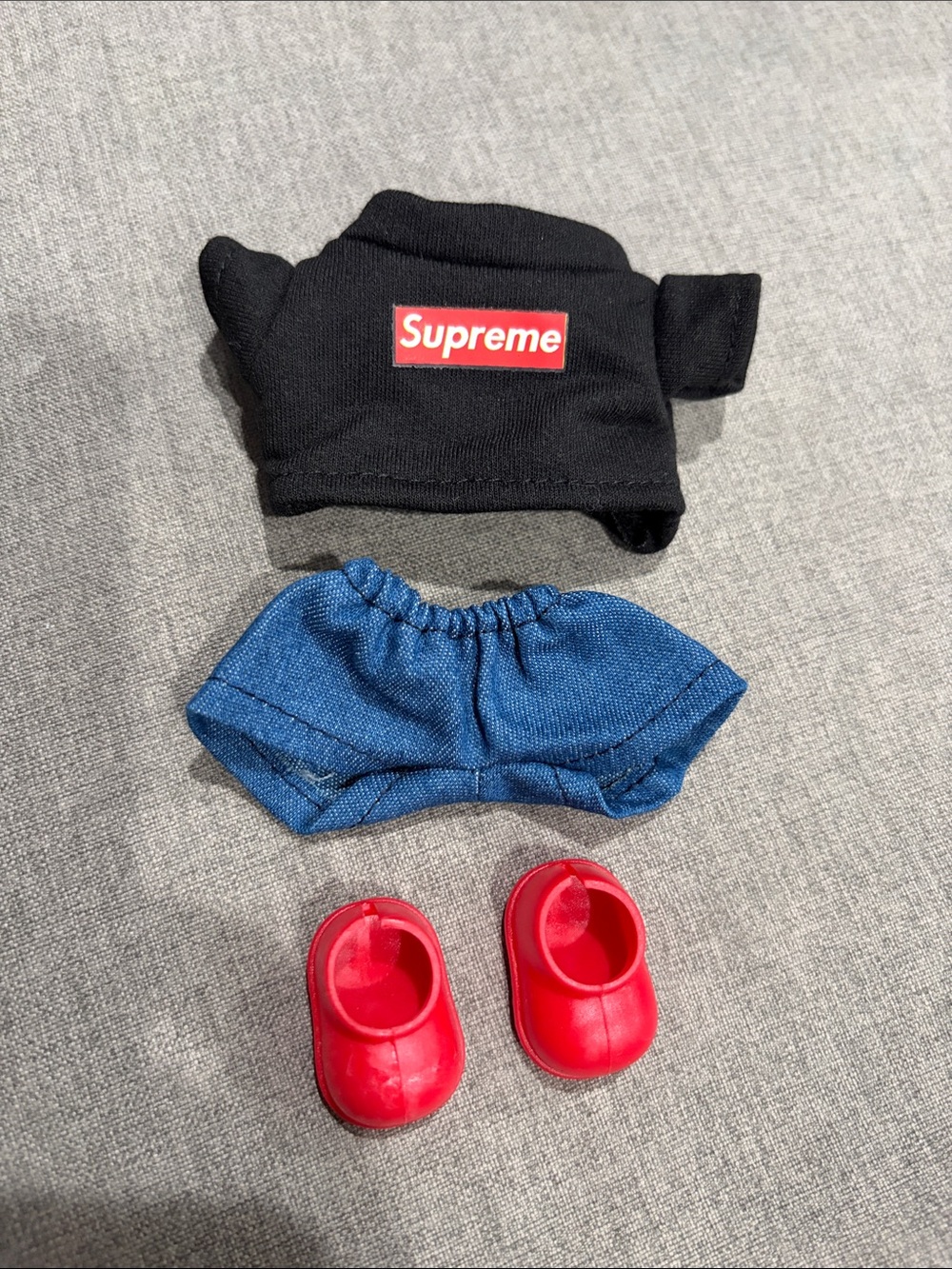 Labubu or Small Doll Supreme Black Shirt and Blue Shorts Set